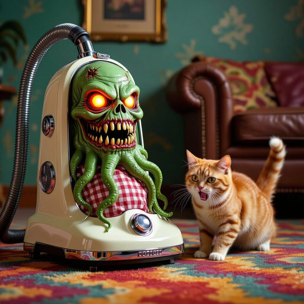 Steampunk Vacuum Cleaner with Zombie Face Chases Cat