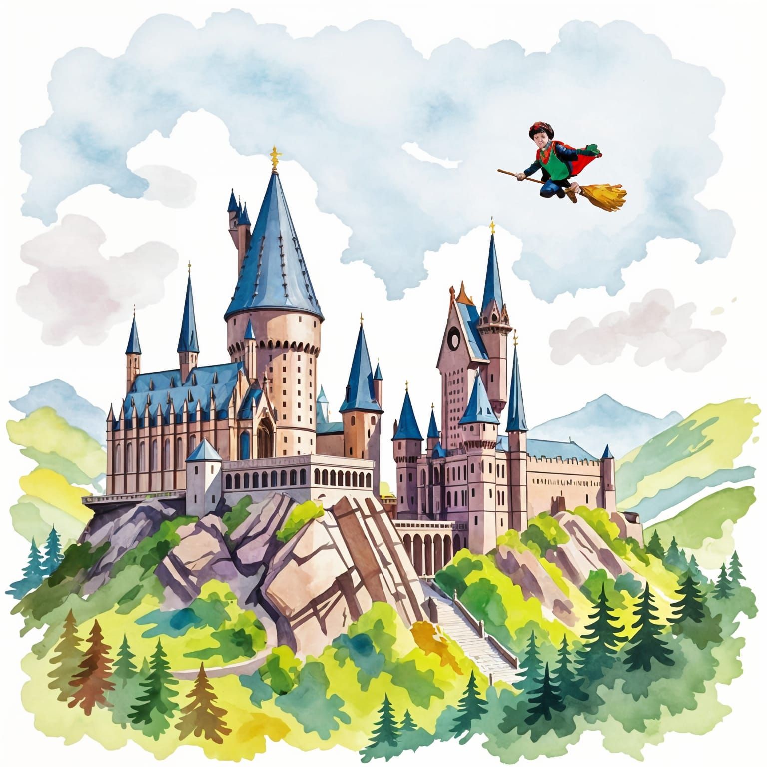 Whimsical Hogwarts-esque Palace in Watercolor Style