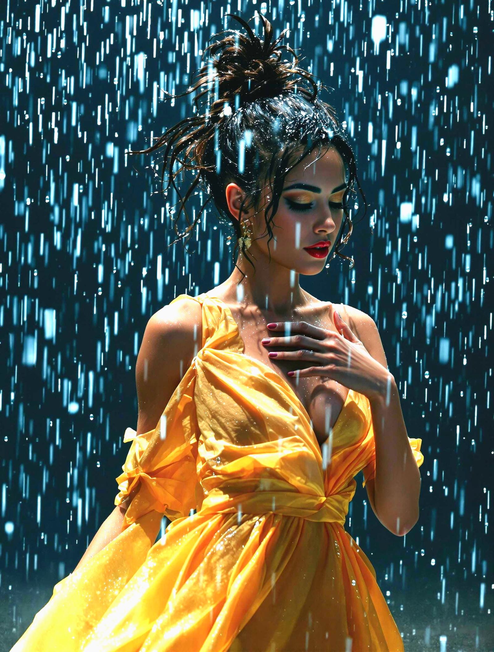 Woman Dancing in the Rain: Cinematic Film Still