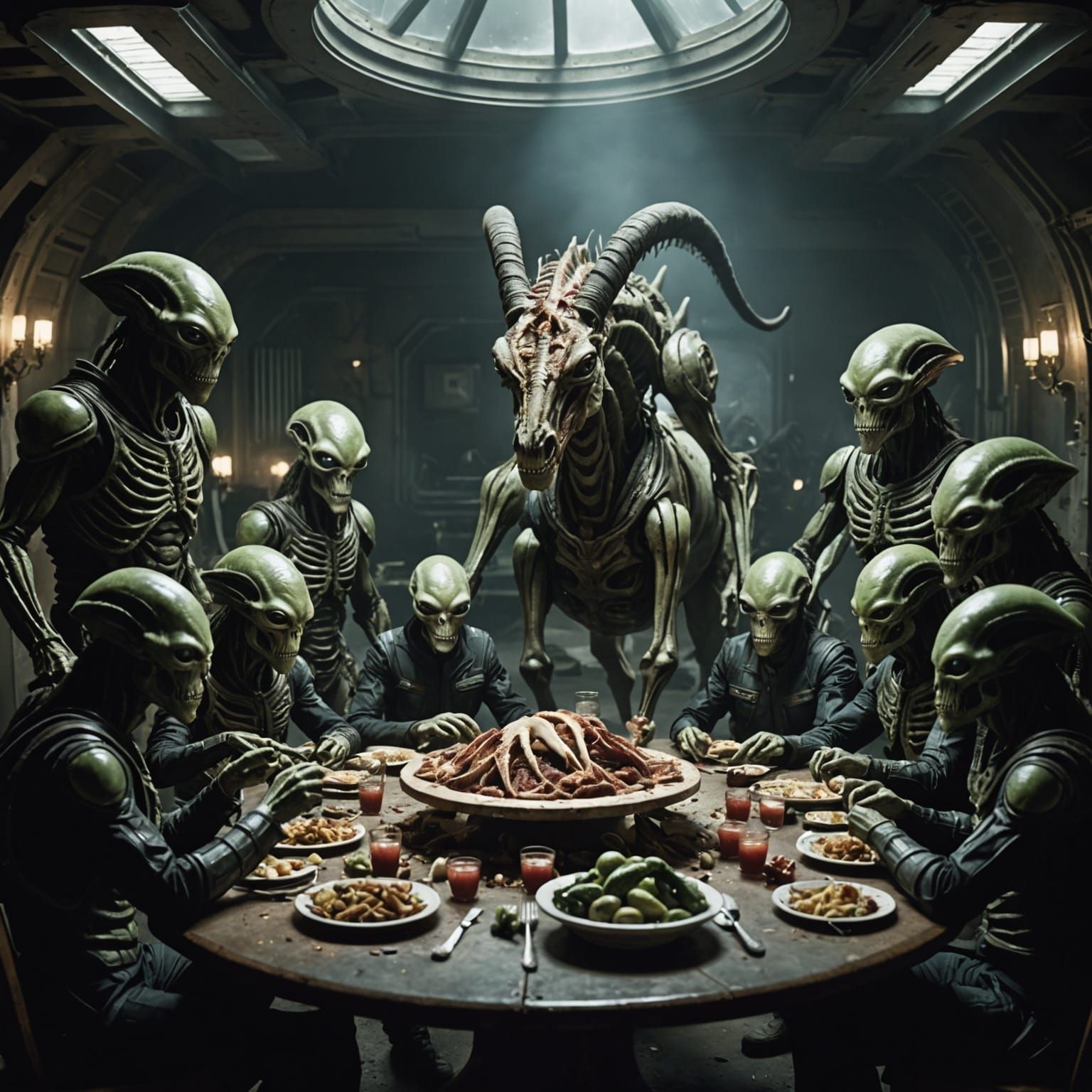Aliens Eating Horse Carcass at Round Table