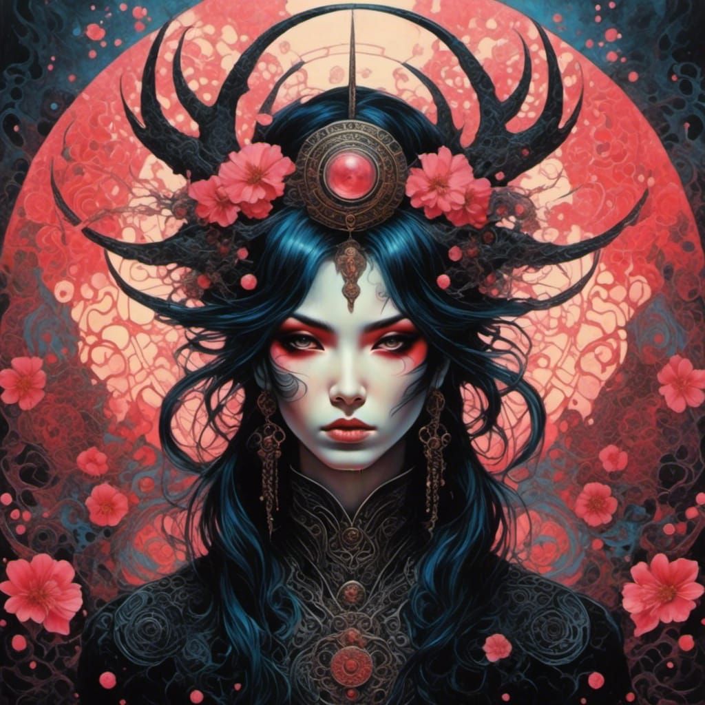 Gothic Anime Goddess with Cosmic Sakura Samurai Elements