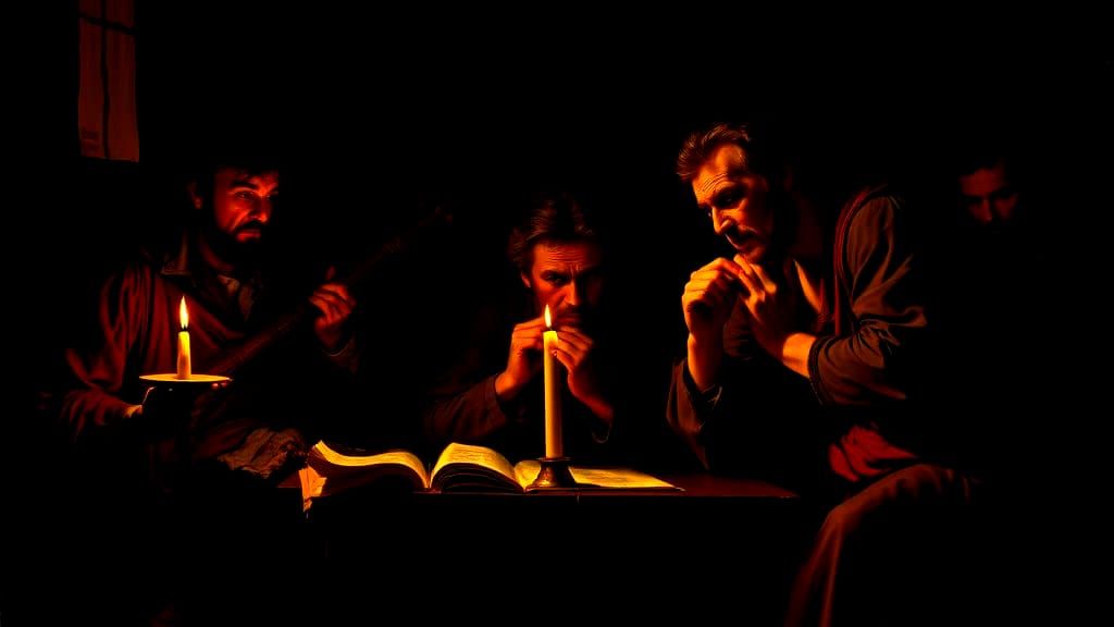 Caravaggio Style Painting of Souls Reading Sacred Tome