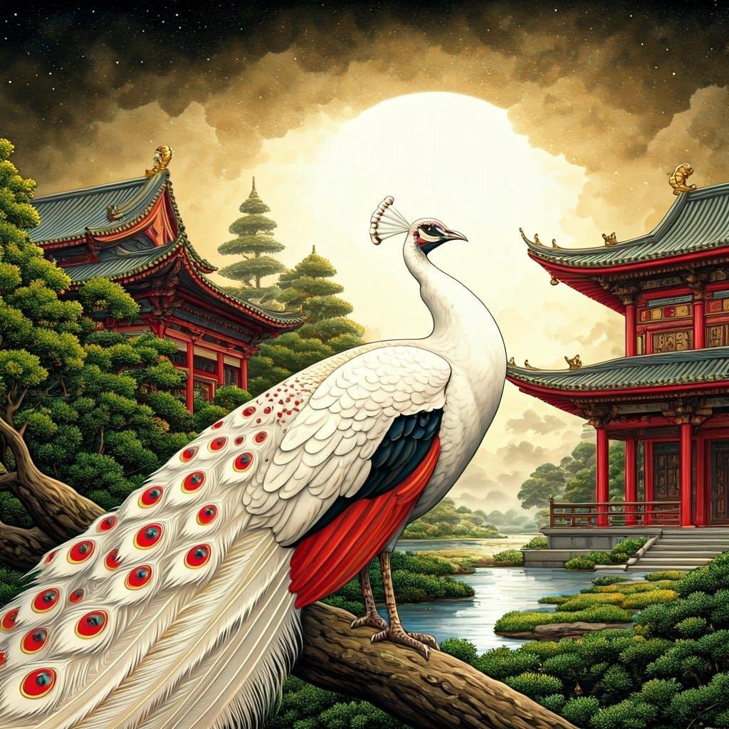 Majestic White Peacock in Asian Watercolor Scene