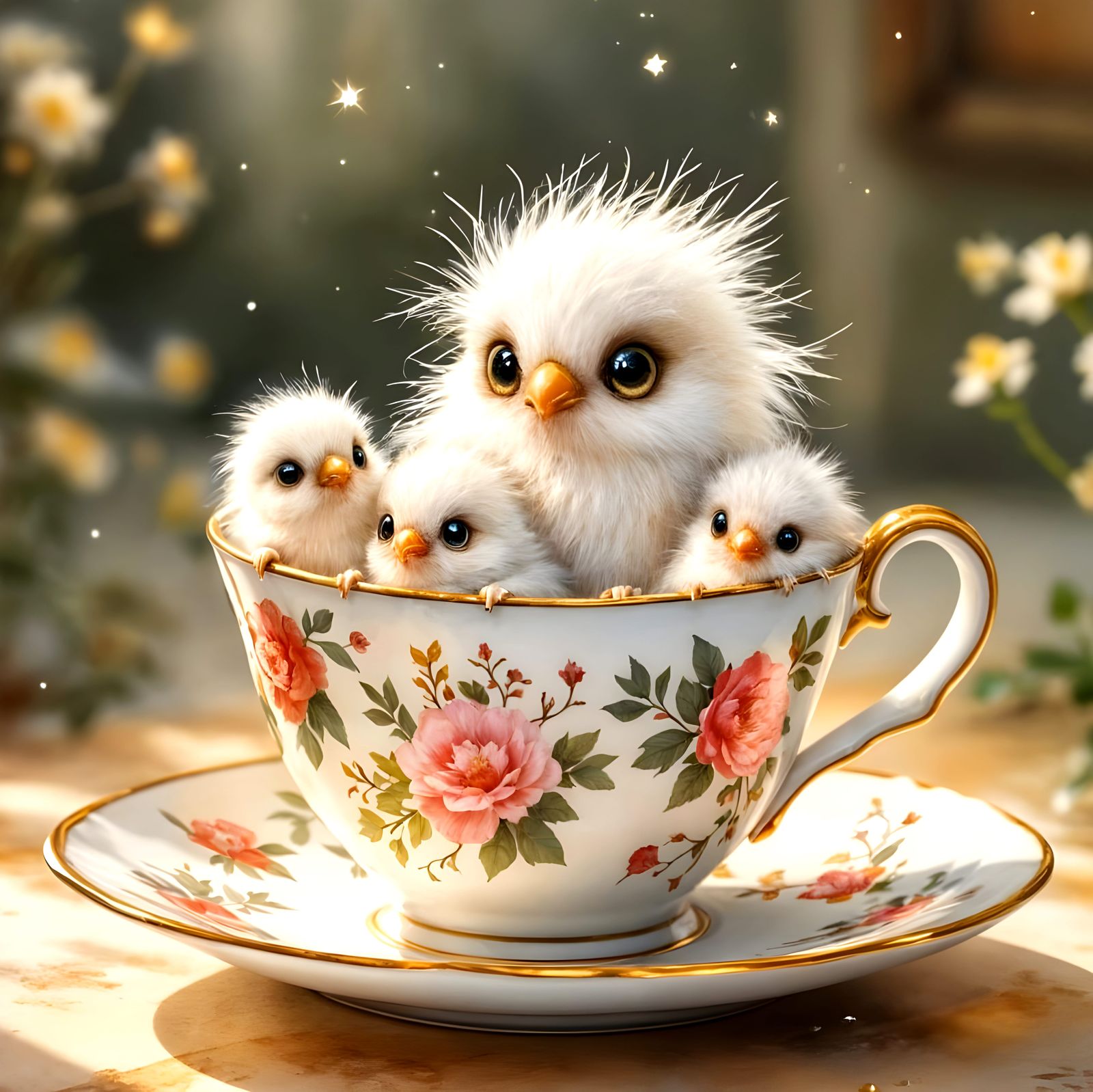 Mother Bird in Teacup, Watercolor Art