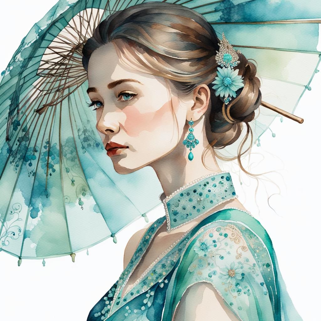 Elegant Woman with Turquoise Parasol: Watercolor Portrait