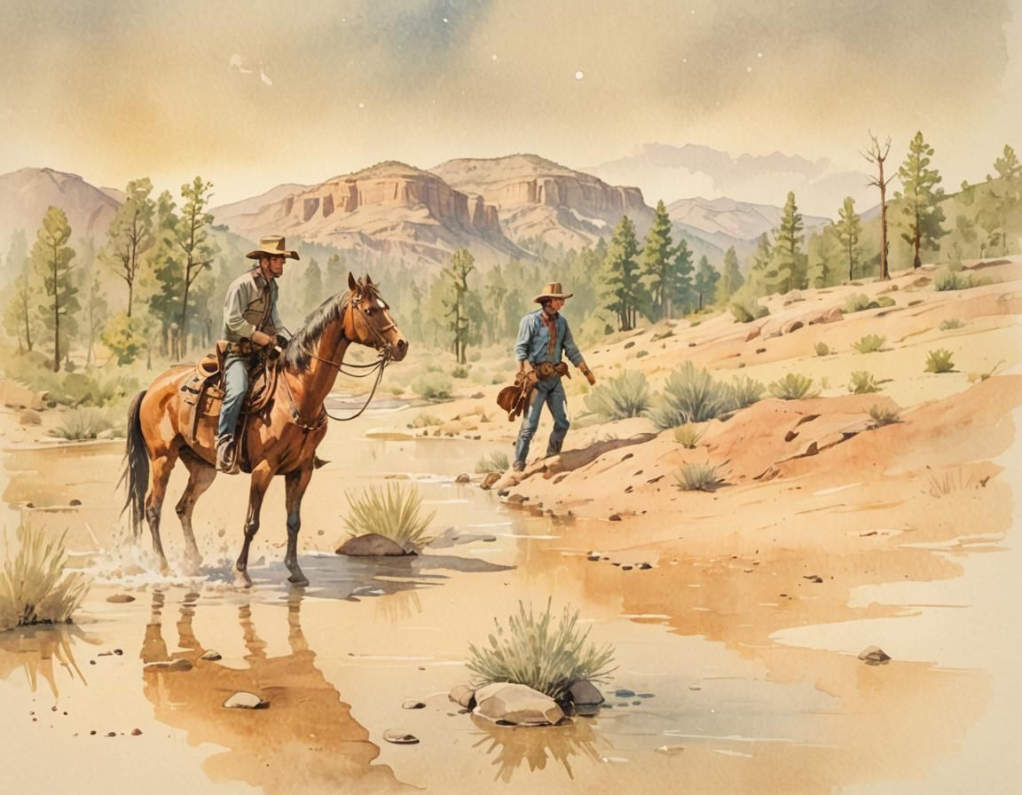 Lone Cowboy in Wild West Creek as Watercolor Comic