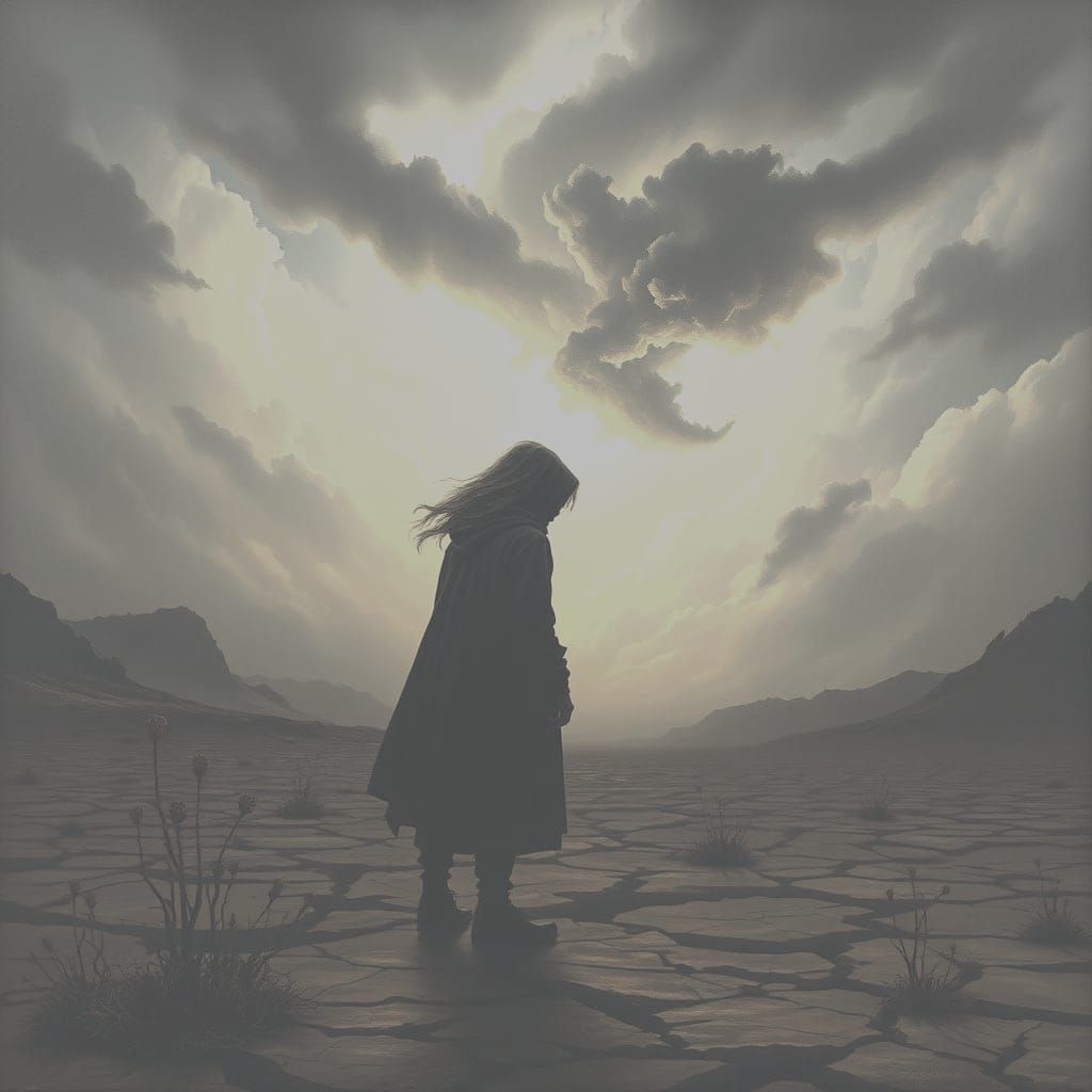 Solitary Figure Amidst Stormy, Dark Fantasy Landscape