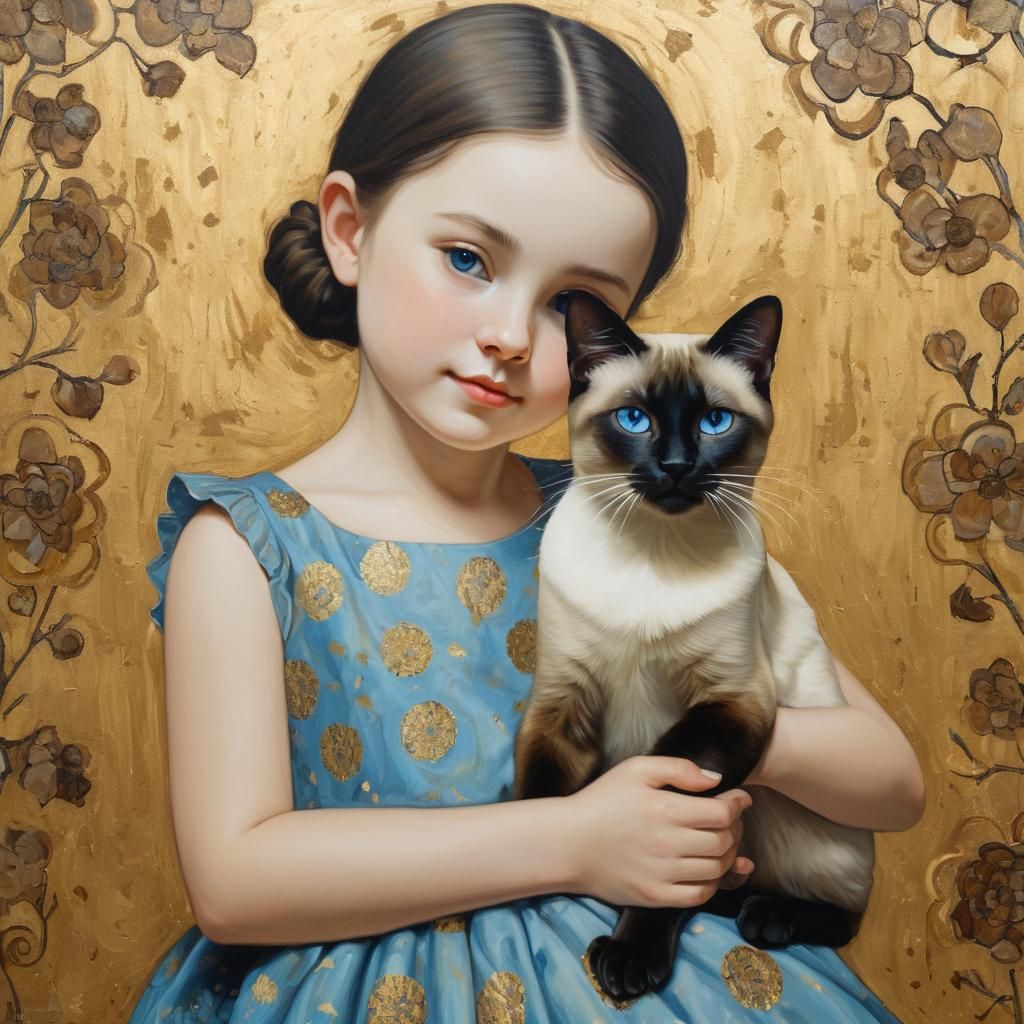 Young Girl Adores Siamese Cat, Klimt-Style Portrait