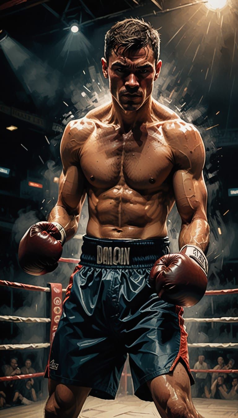 Stylized Boxing Champion in Smoky Arena