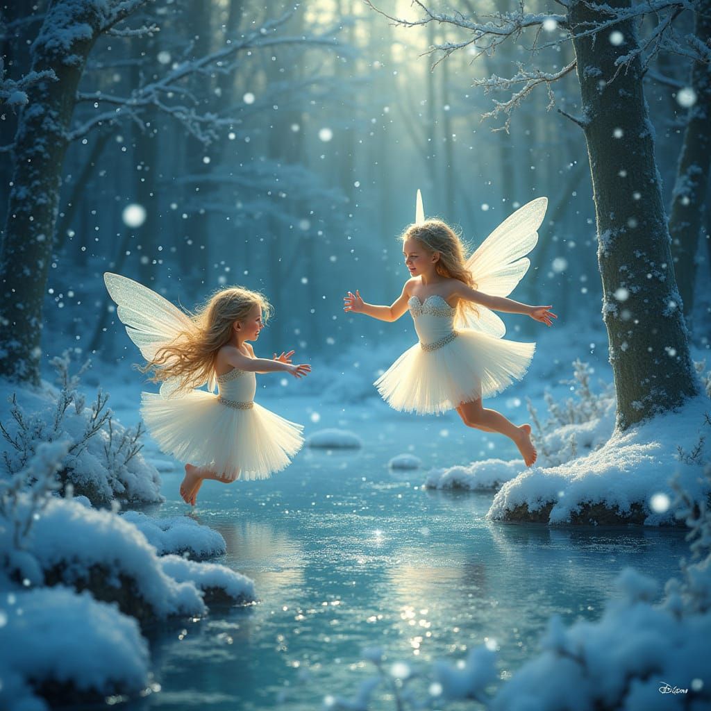 Ethereal Snow Fairies Dance in a Glittering Winter Wonderlan...