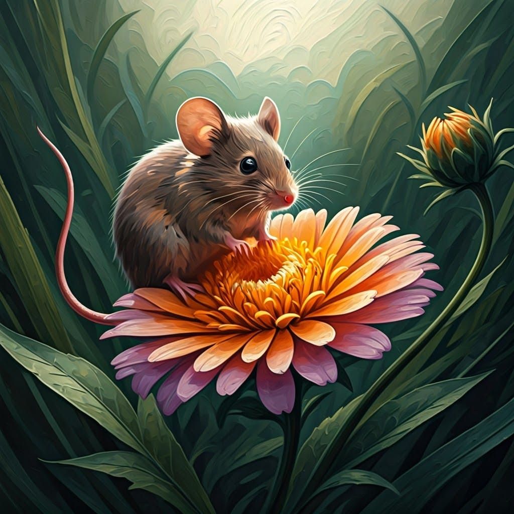 Mouse on Flower: Impressionist Gouache Painting