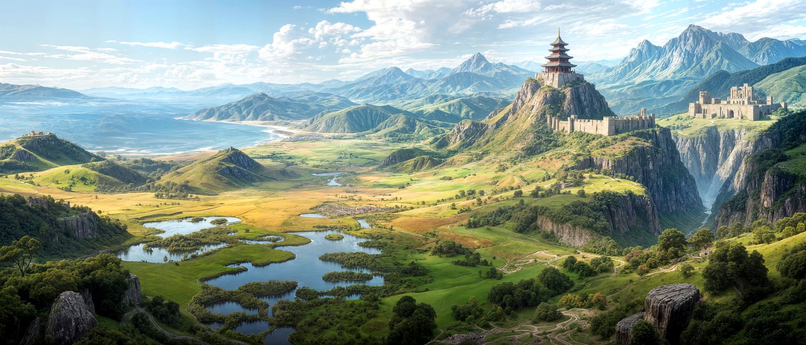 Panoramic Landscape Diorama with Temple and Fortress