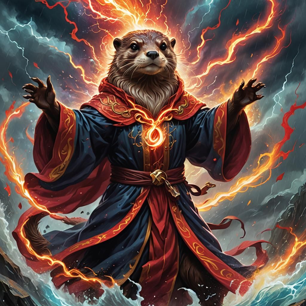 Otterfolk Wizard Conjuring Lightning, Magic Card Art