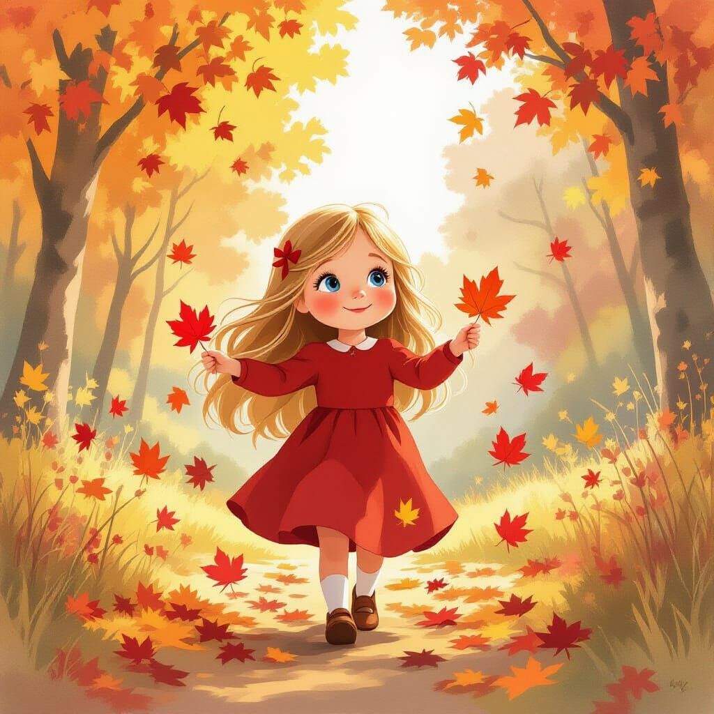 Girl Scattering Autumn Leaves in Storybook Style