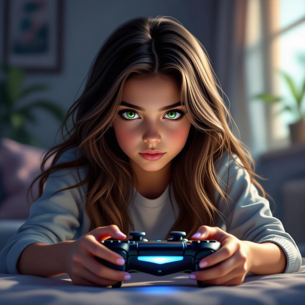 Hyperrealistic Girl Playing Fortnite With Dramatic Lighting