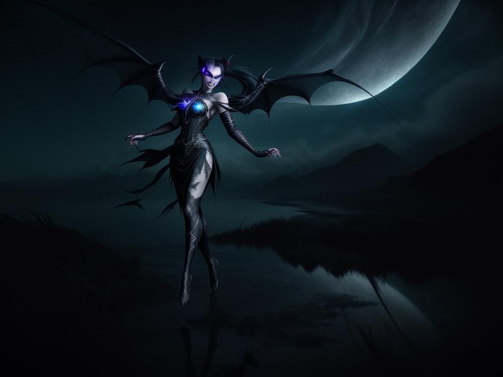 Winged Vampire Girl Flying in Twilight Sky