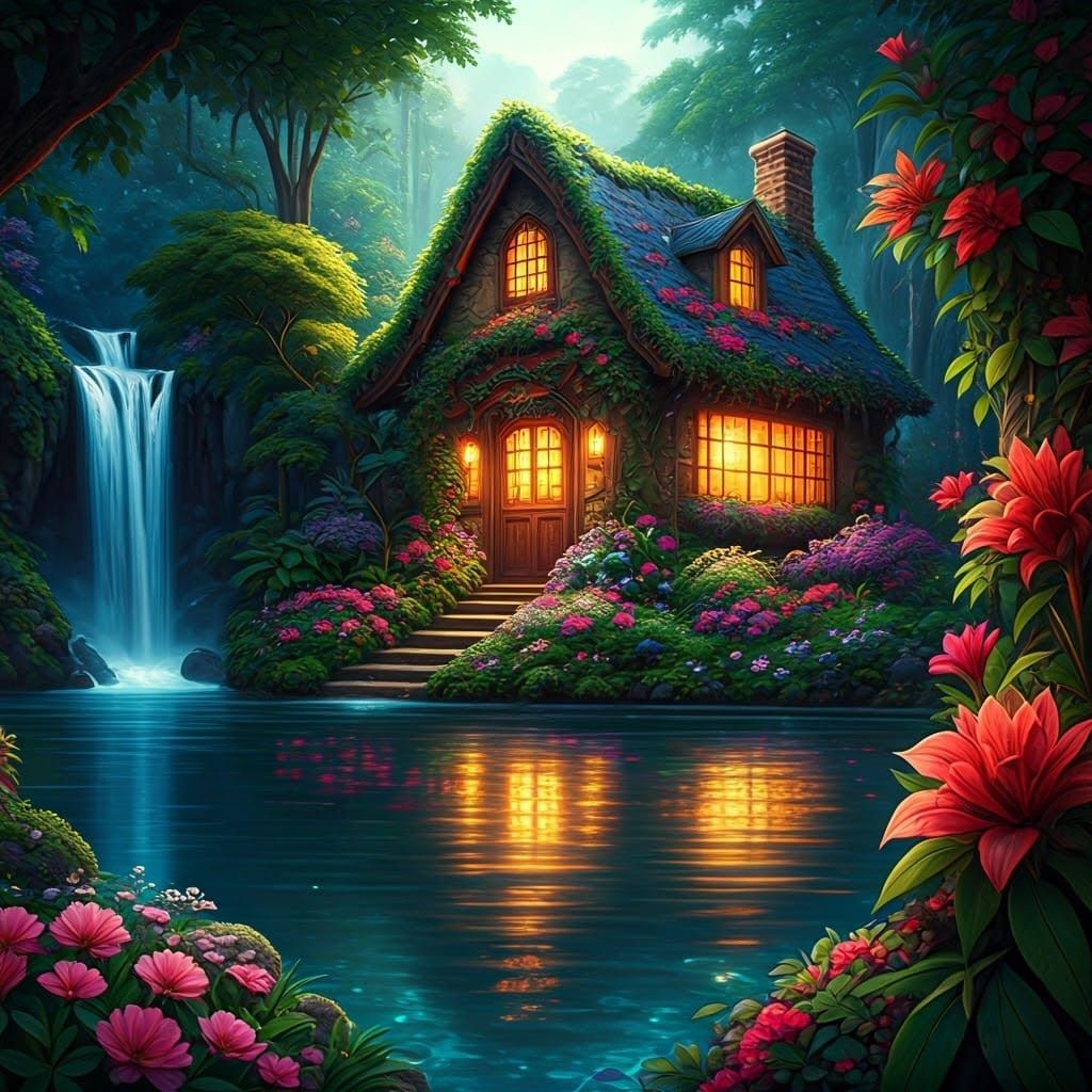 Enchanted Waterfall Cottage in Vibrant Floral Bloom