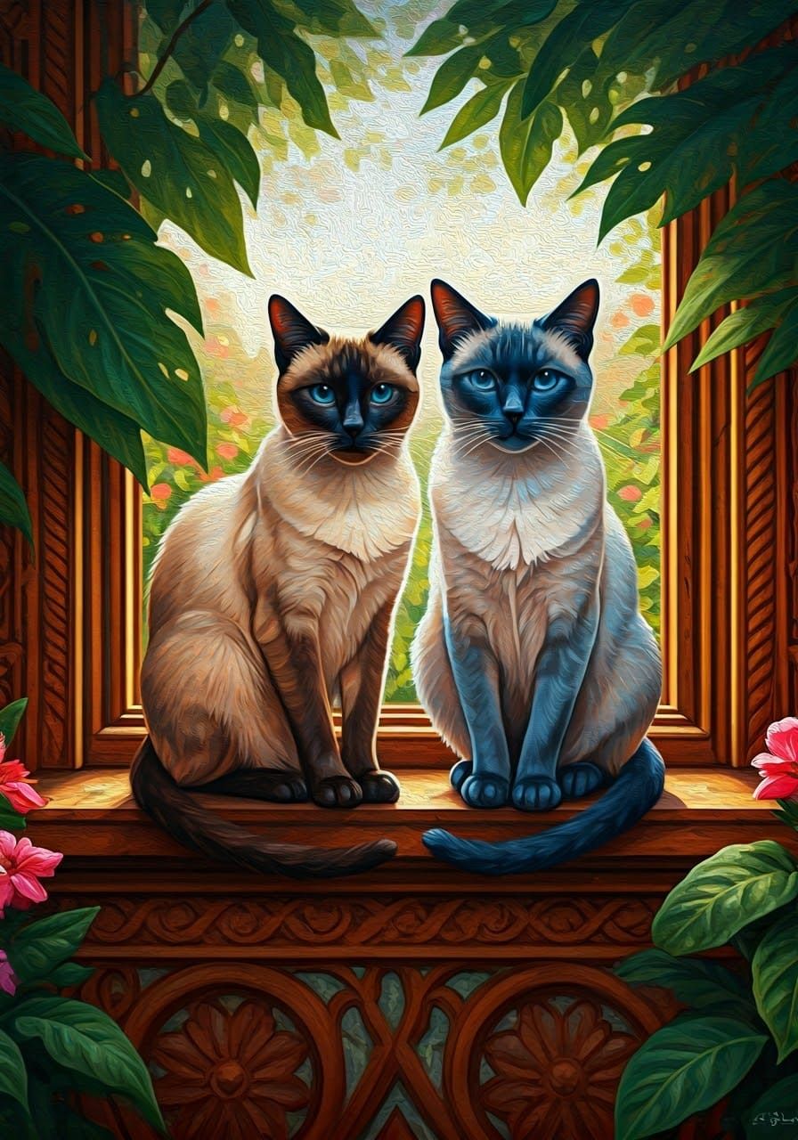 Siamese Cats in a Cozy European Villa Oil Painting