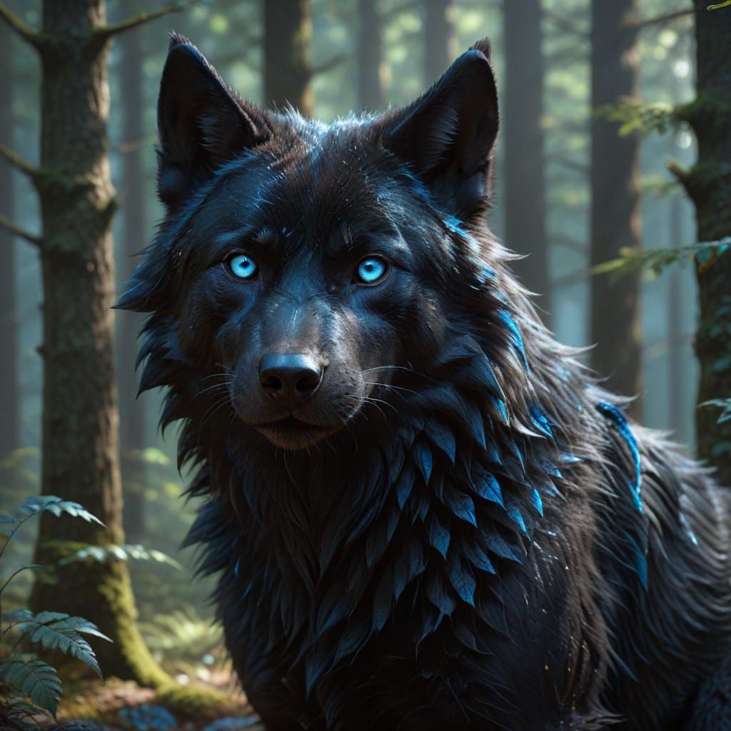 Mega-Cute Black Wolf with Luminescent Blue Eyes in Forest