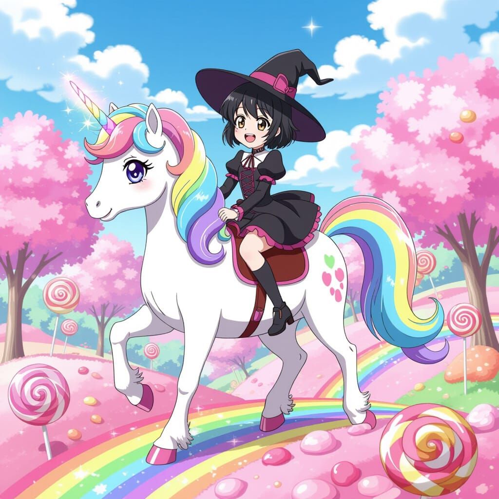 Anime Witch Rides Unicorn Through Candy Wonderland
