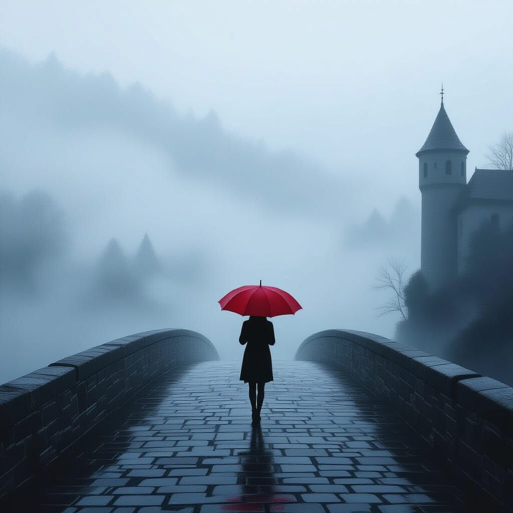Lone Figure with Red Umbrella on Misty Stone Bridge