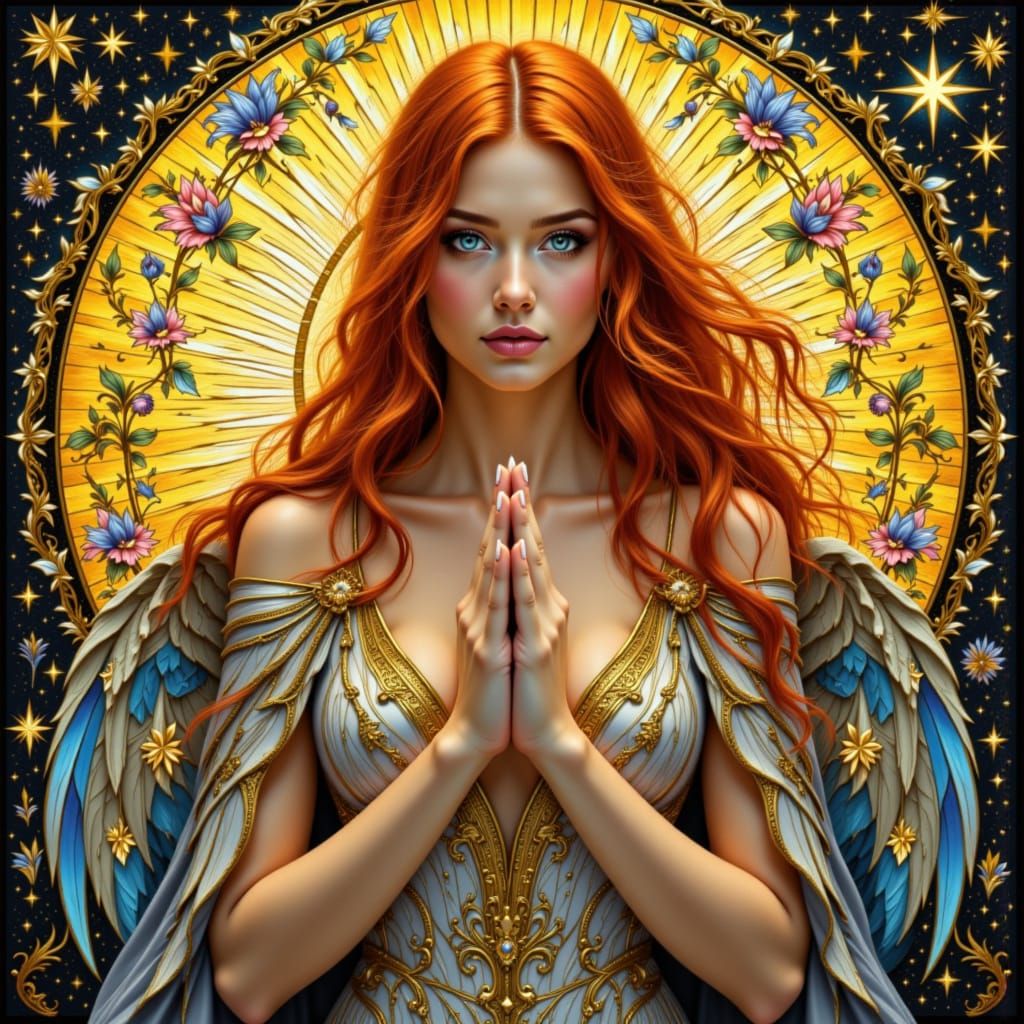 Goddess of Aurora with Swan Motif in Stained Glass Gown