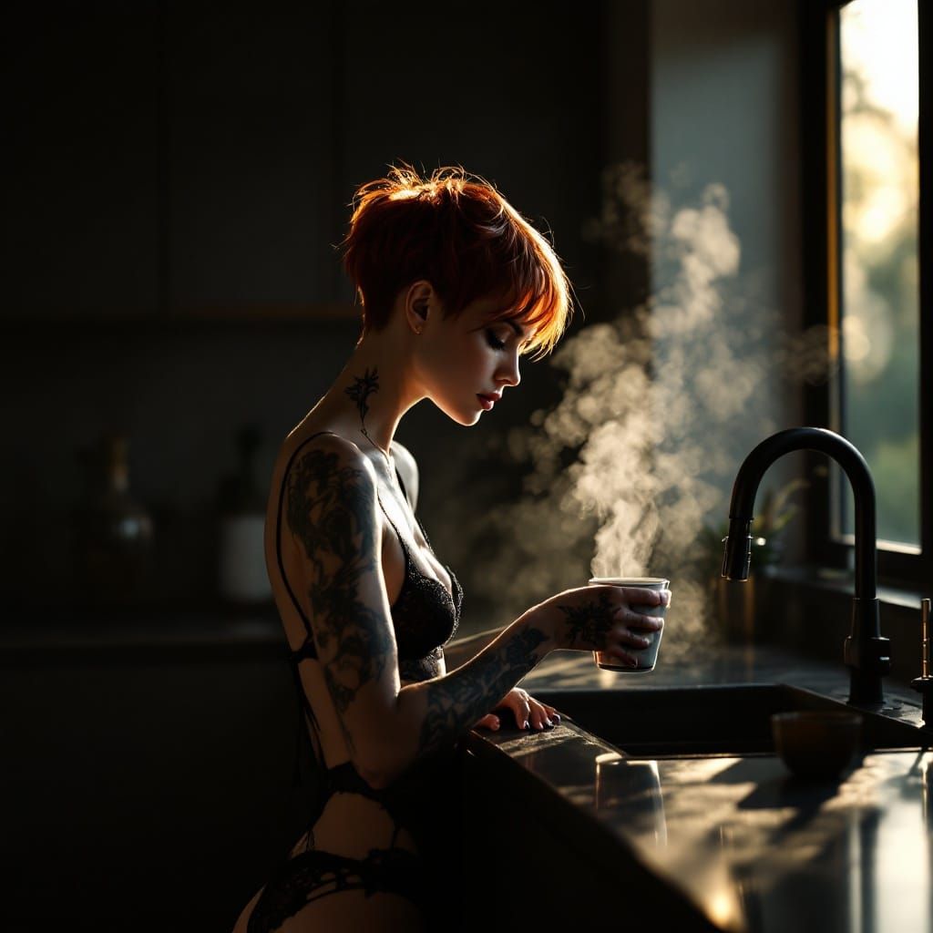 Redhead in Lingerie Brews Coffee: Cinematic Portrait