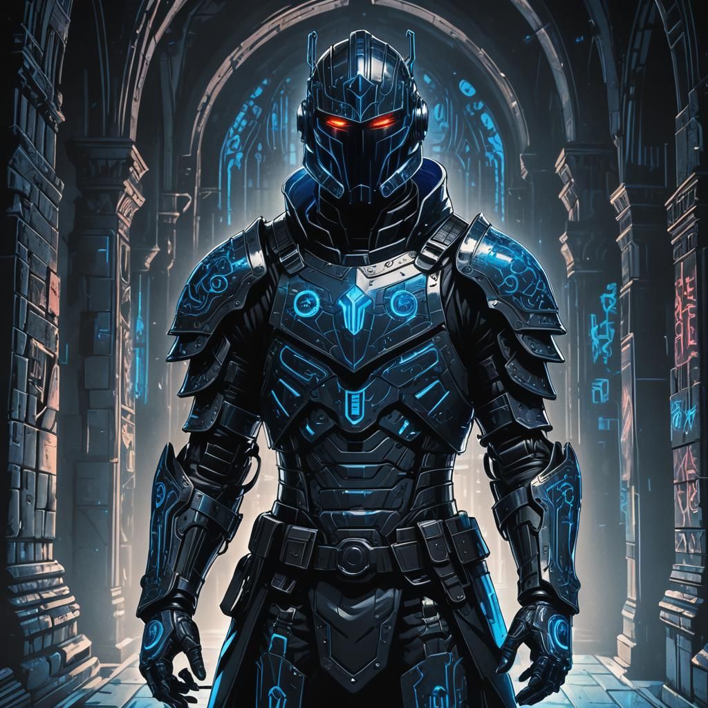Cyberpunk Cyborg Royal Guard in Dark Castle