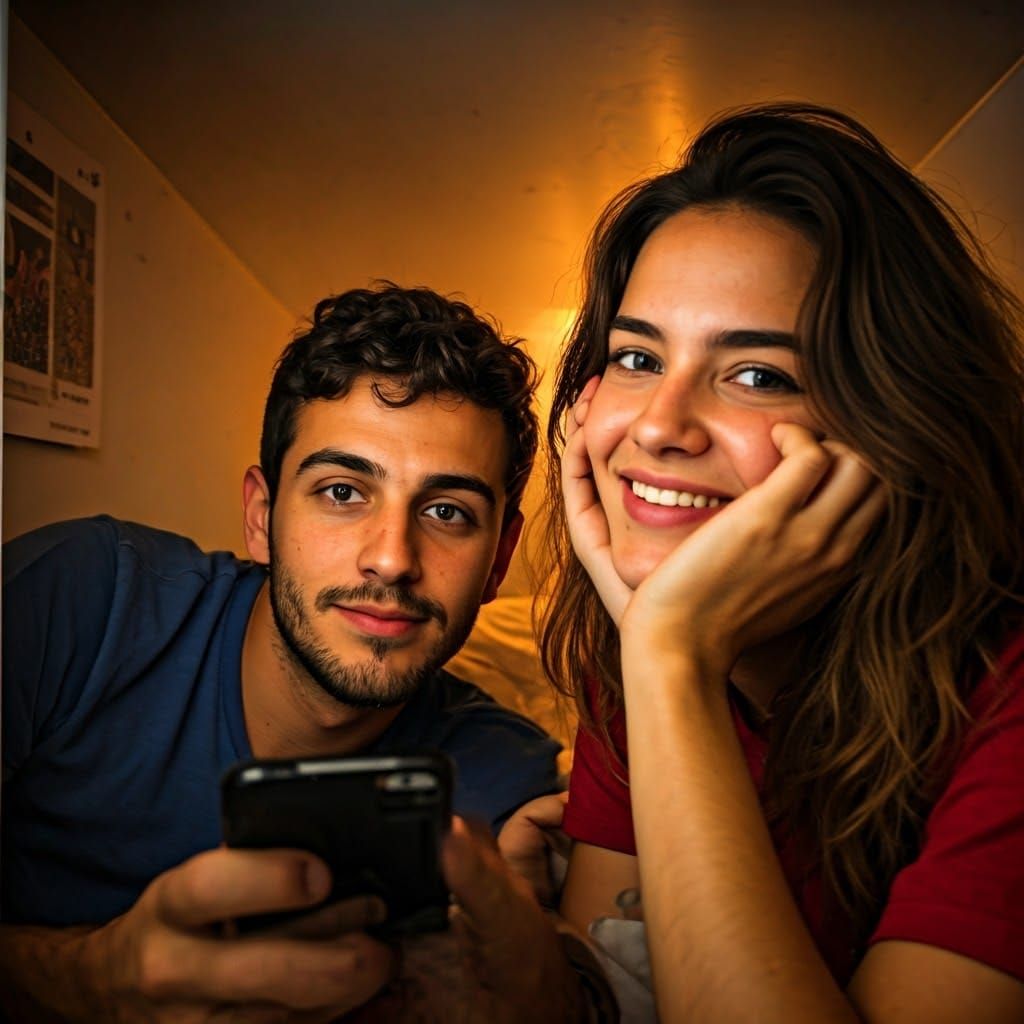 Happy Couple Portrait in Ambient Light Style