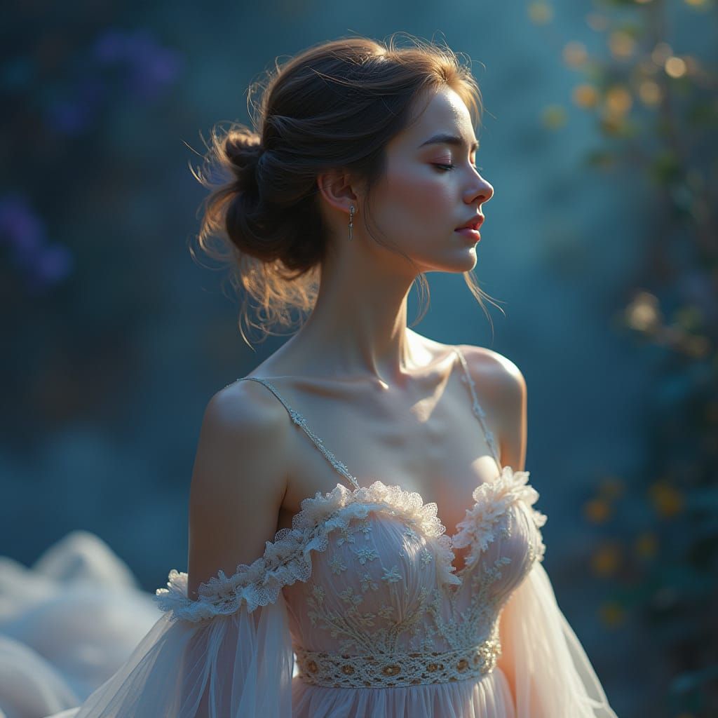 Ethereal Woman in Translucent Gown: Hyperrealistic Digital A...
