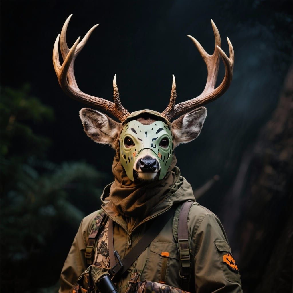A deer dressed up as a human hunter in hunting wear with a H...