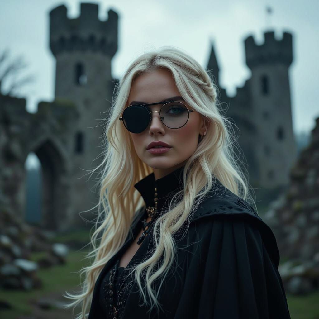 Blonde Witch with Eyepatch and Glasses at Castle Ruins
