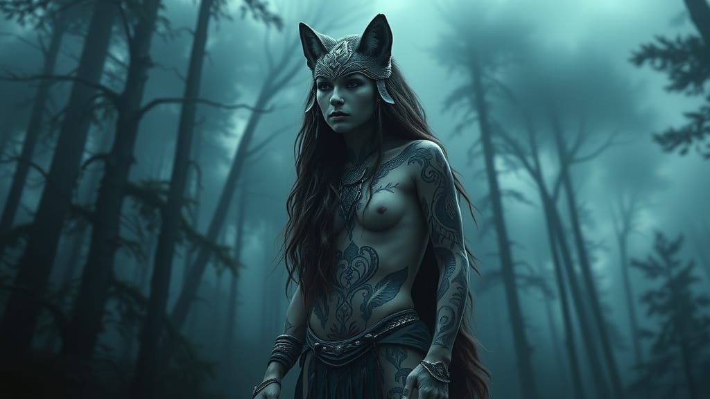 Mystical Wolf Woman in Ethereal Forest