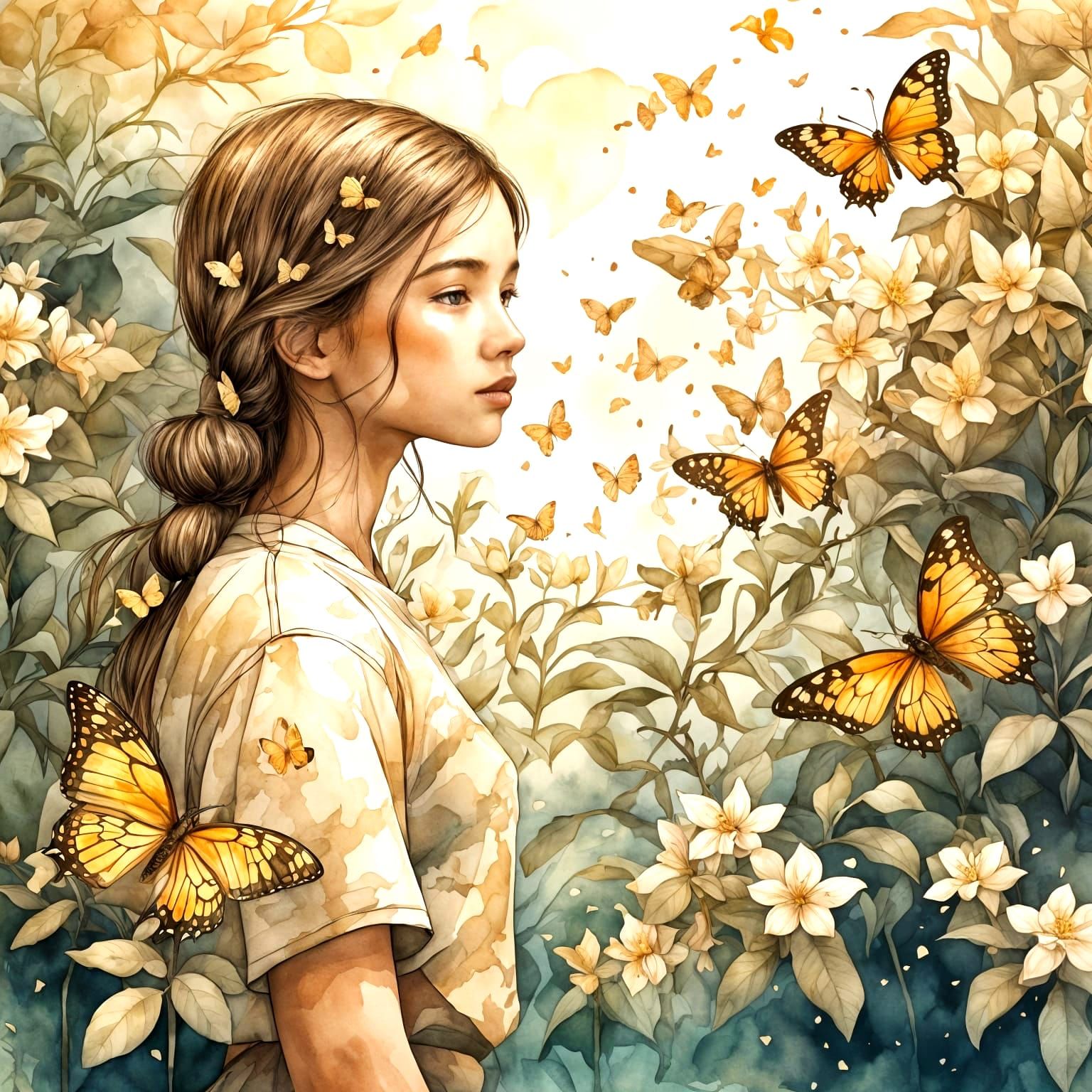 Dust Bowl Girl with Butterfly Jasmine: Watercolor Ink Art