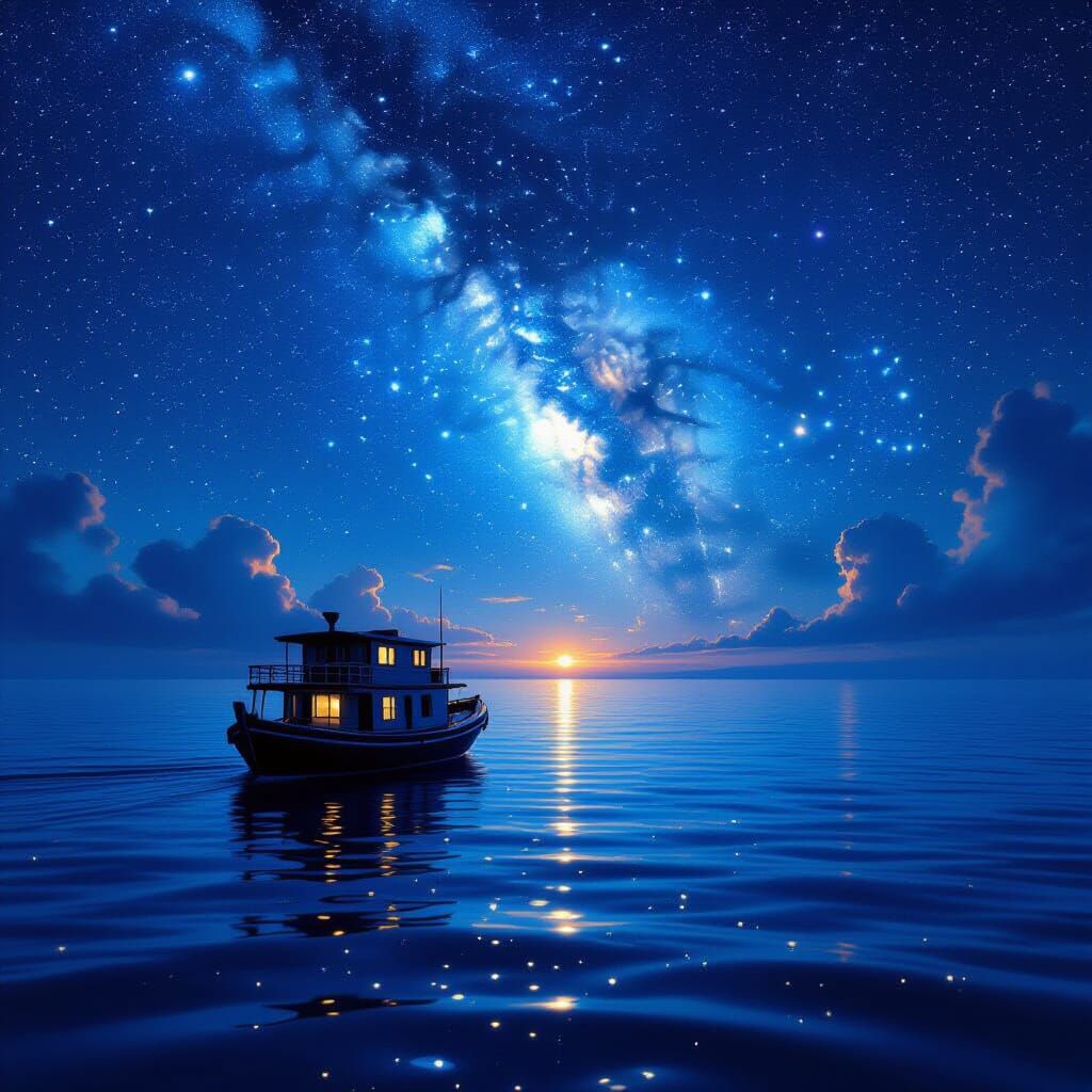 Houseboat Drifting in Starry Ocean Celestial Matte Painting
