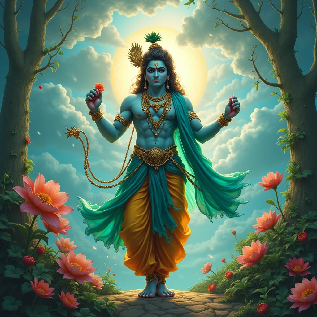 Lord Krishna in Emerald Forest: Digital Art