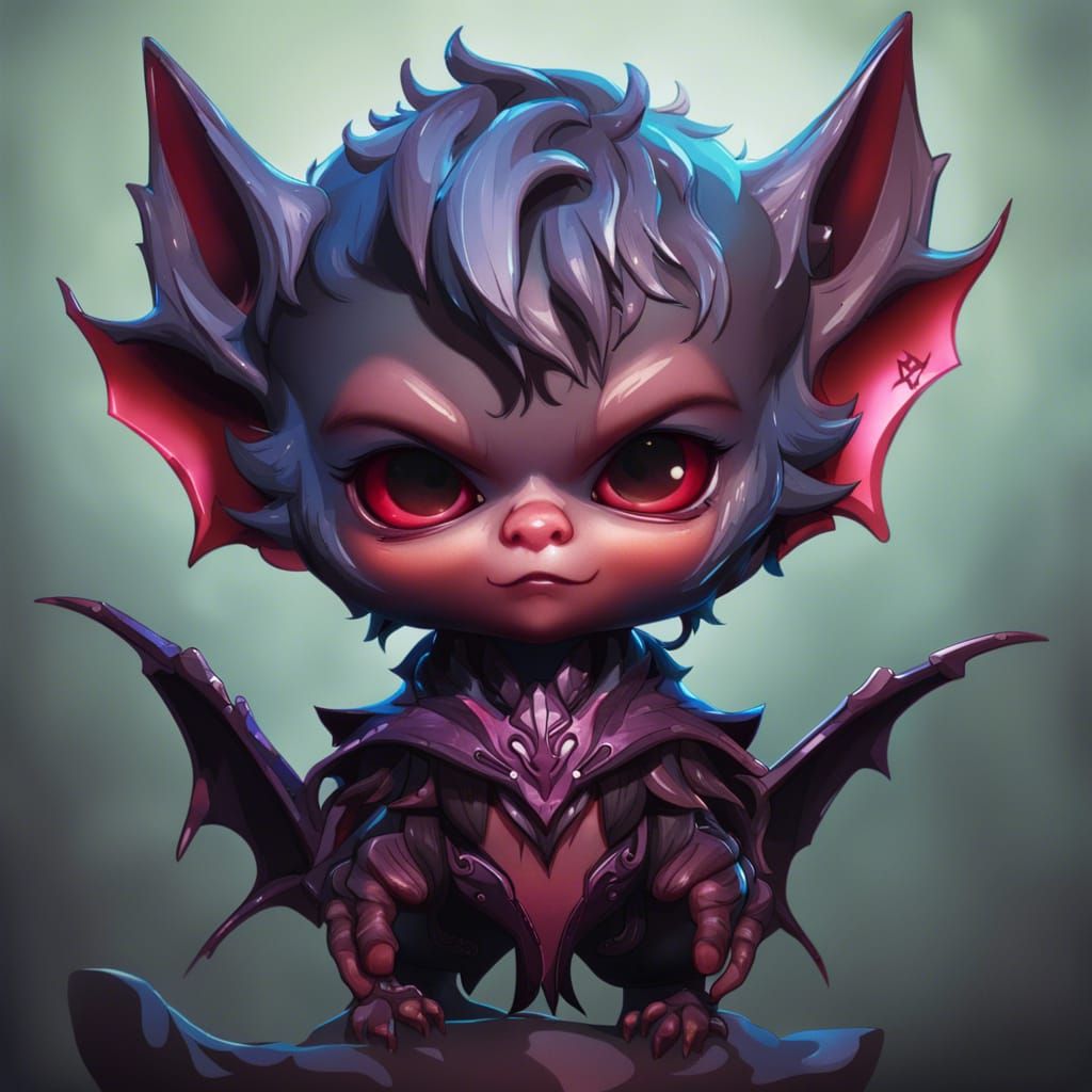 Chibi Demon Bat Portrait in Art Nouveau Style