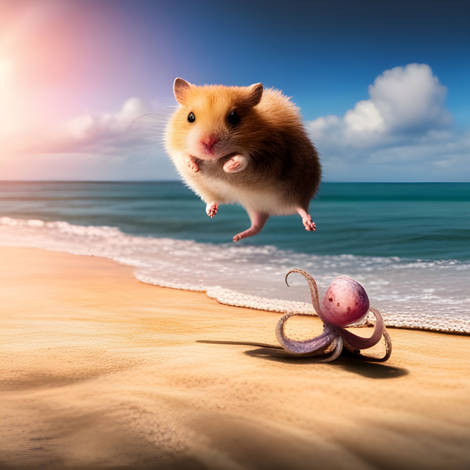 Hamster and Octopus on Beach: Detailed Matte Painting
