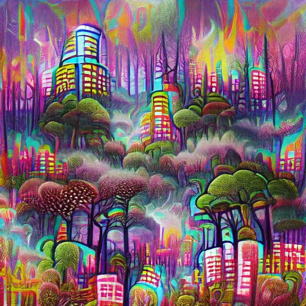 Psychedelic Cityscape Forest: A Vibrant AI Dream