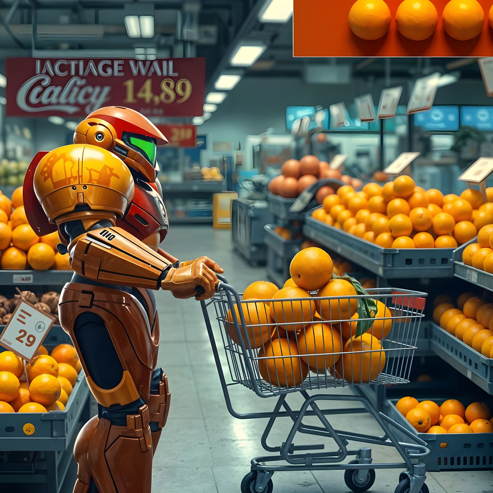 Samus in a Vibrant Orange Market Scene