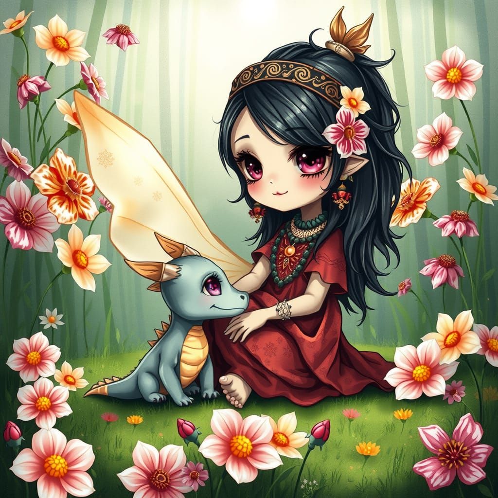 Gothic-Chibi Fairy with Baby Dragon