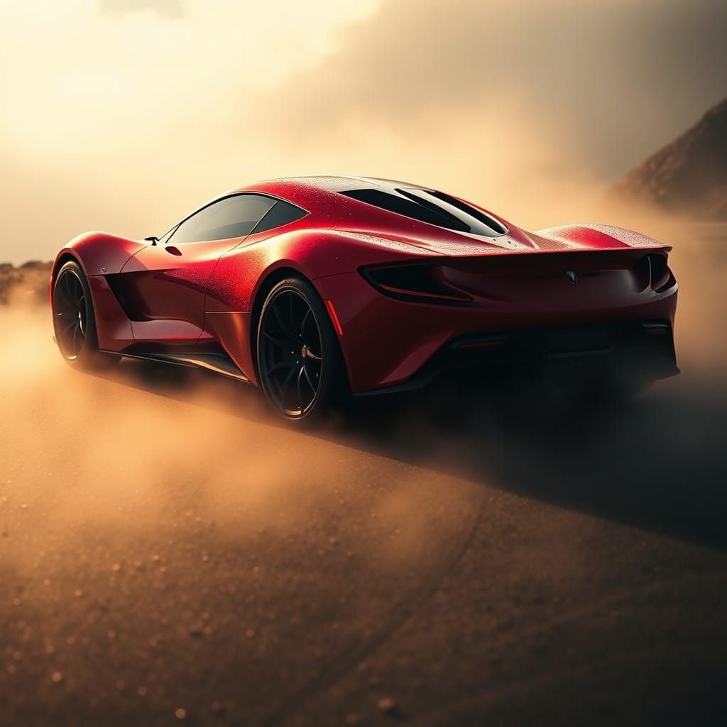 Sleek Cherry-Red Supercar Pierces Foggy Mountain Pass