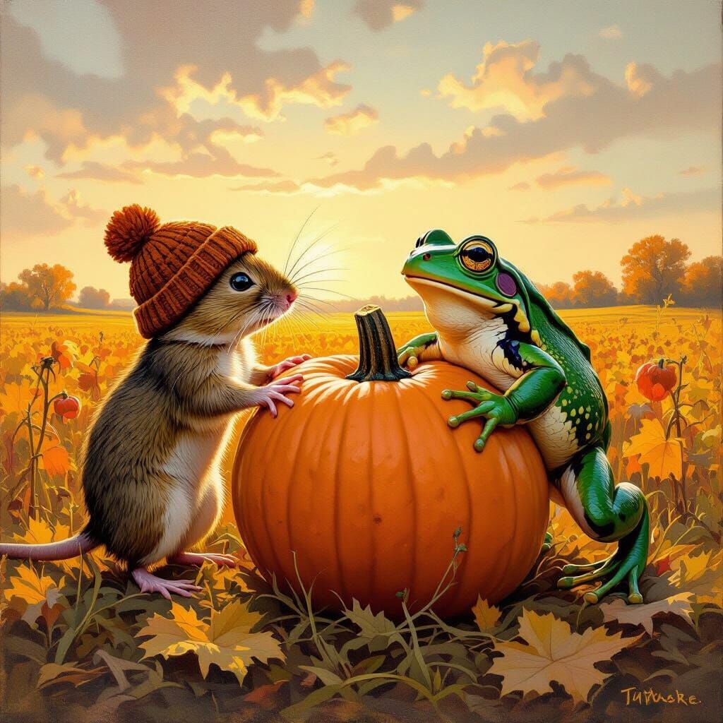 Historical Oil Painting: Mouse and Frog Lift Pumpkin