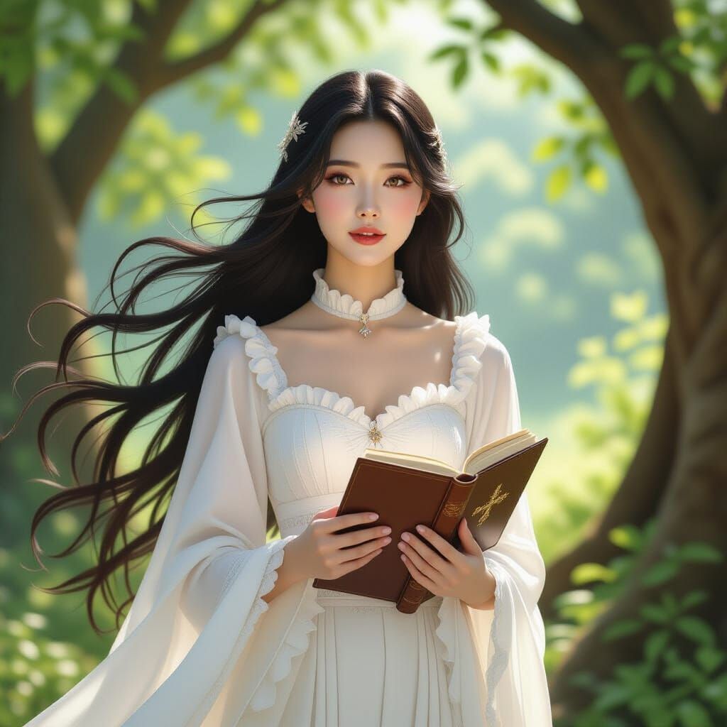 Celestial Asian Woman in Glade Holding Book