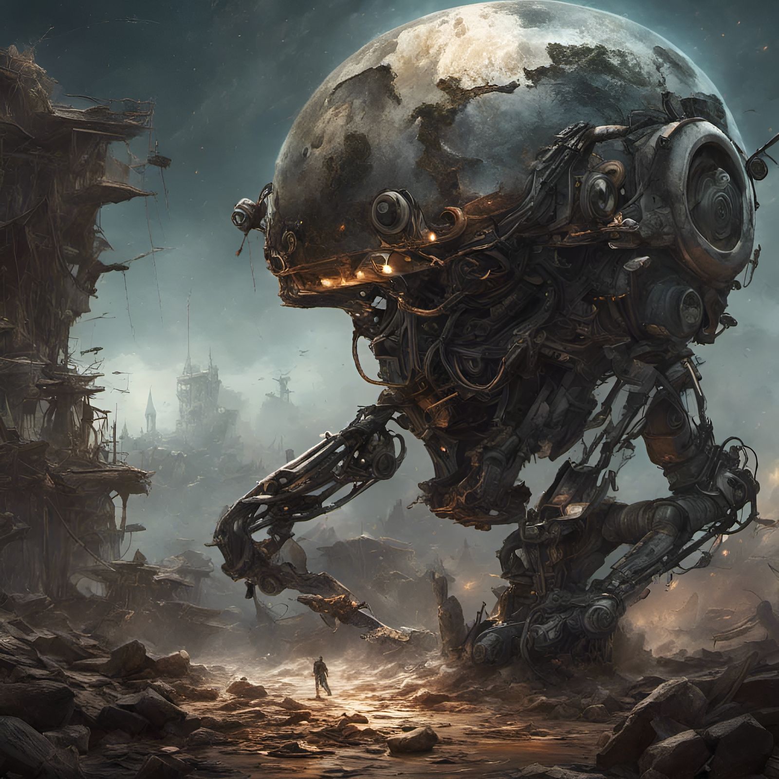 Worn Robot Soldier in Fantasy Landscape