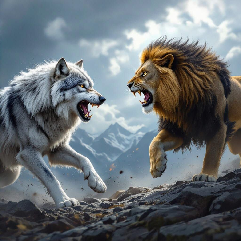 Wolf Prince Battles Lion King on Stormy Mountaintop