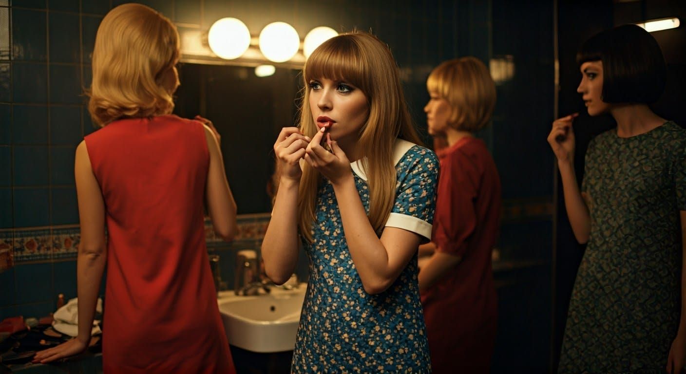 Mod Women Get Ready in Smoky 1960s Nightclub Bathroom