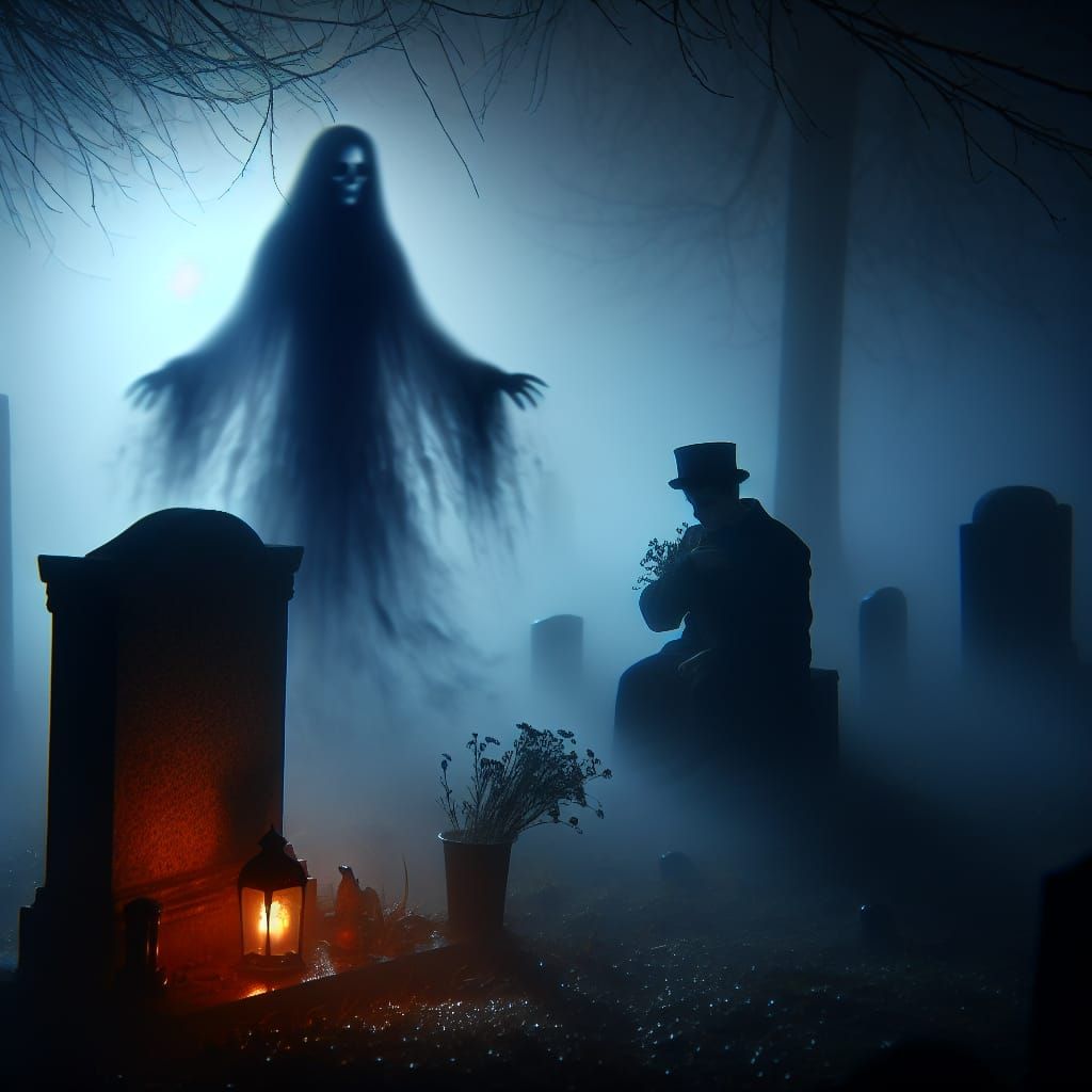 Ethereal Graveyard Scene with Mourning Figure