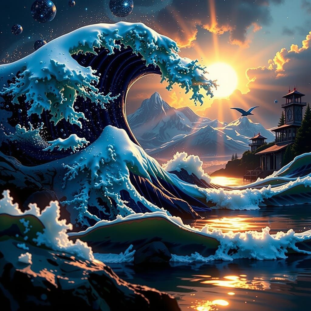 Scarlet Great Wave Painting with Crimson Hues