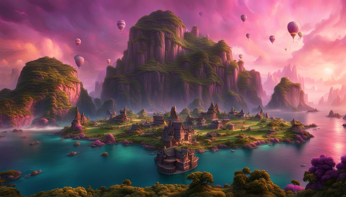 Pink Sky with Floating Islands, Fantasy Concept Art